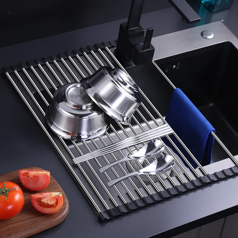 Stainless Steel Foldable Dish Drying Rack – Space-Saving Kitchen Sink Drainer Rack with Filter Roll