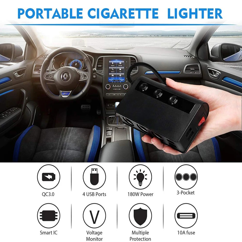 Universal 4-Port Fast Car Charger Adapter with USB and Cigarette Lighter Sockets