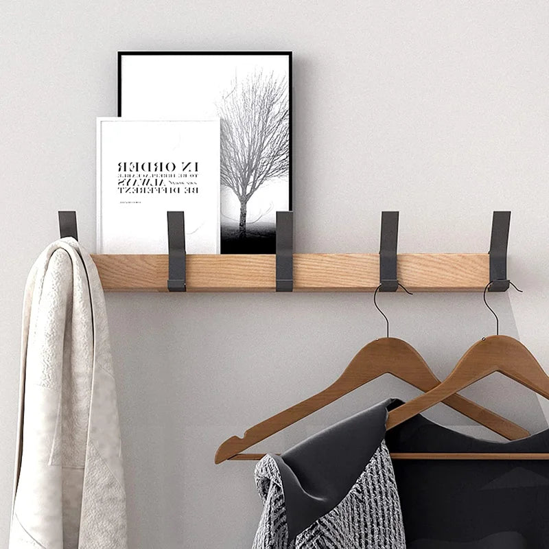 Wall-Mounted Coat Rack with Movable Hooks – Elegant Wood and Metal Combination