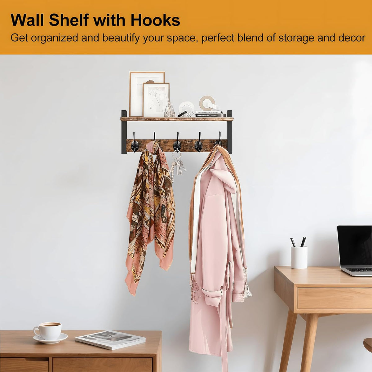 Wall-Mounted Coat Rack with Shelf and 5 Metal Hooks