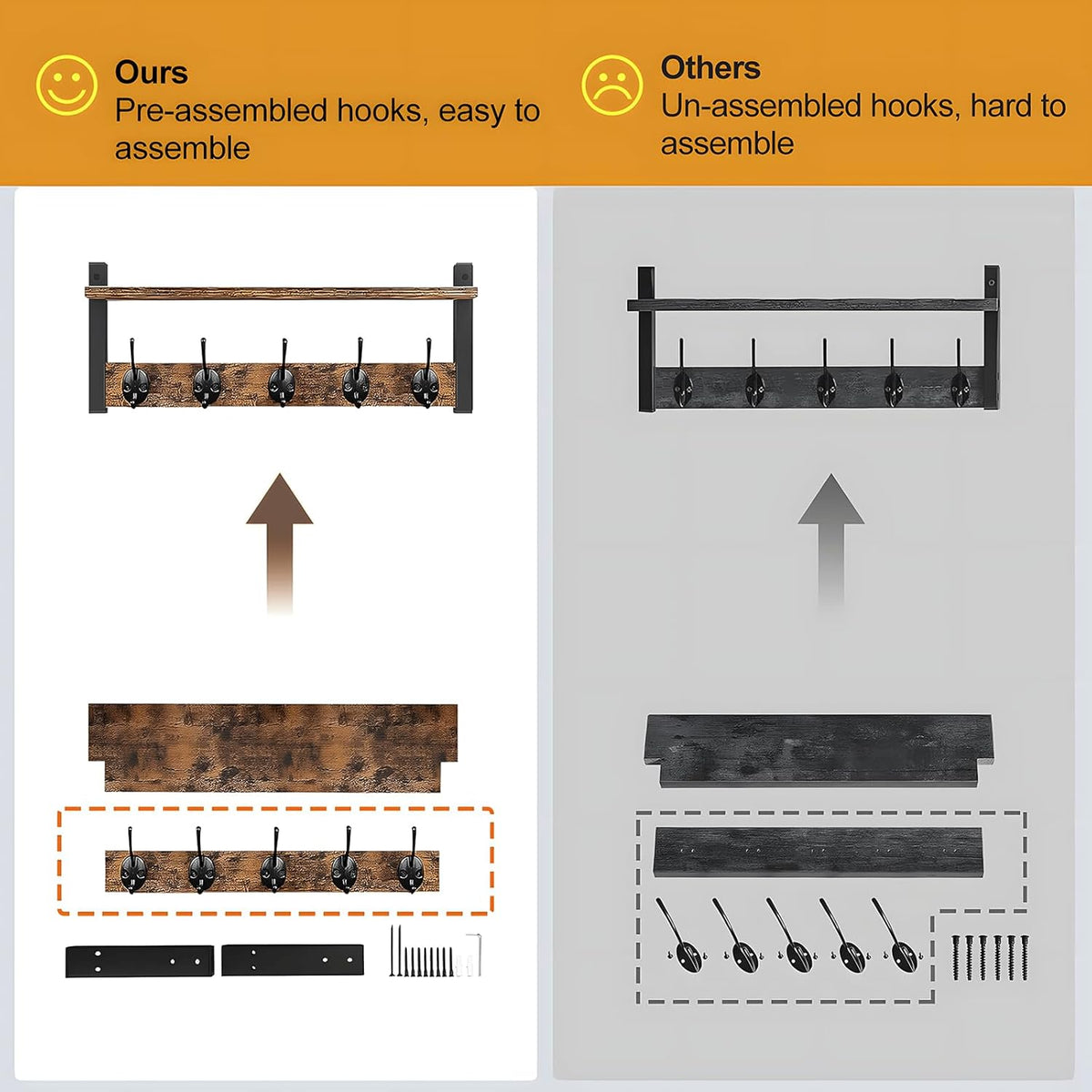 Wall-Mounted Coat Rack with Shelf and 5 Metal Hooks