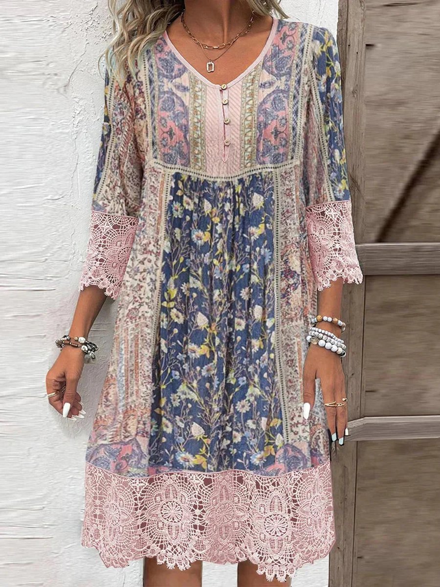 Women's Bohemian Floral -Trim V-Neck Tunic Dress