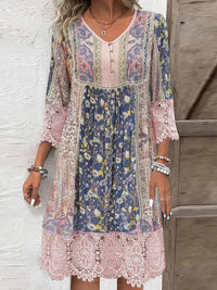 Women's Bohemian Floral -Trim V-Neck Tunic Dress