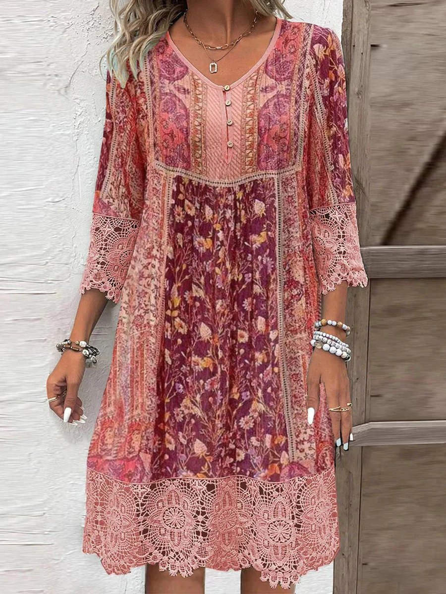 Women's Bohemian Floral -Trim V-Neck Tunic Dress