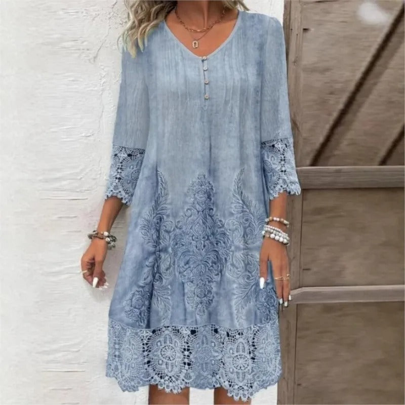 Women's Bohemian Floral -Trim V-Neck Tunic Dress