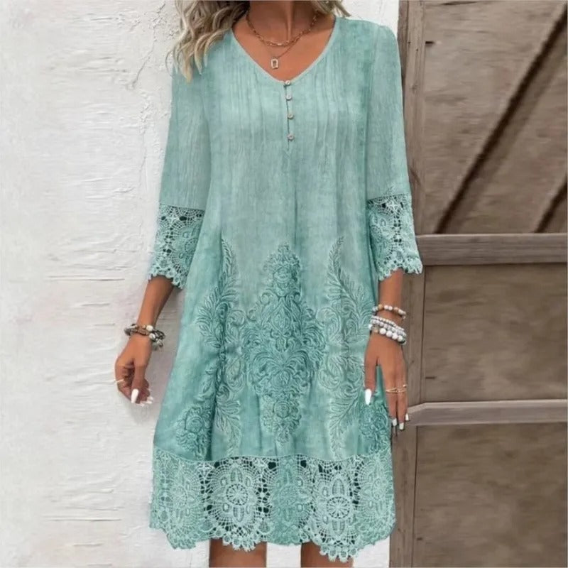 Women's Bohemian Floral -Trim V-Neck Tunic Dress