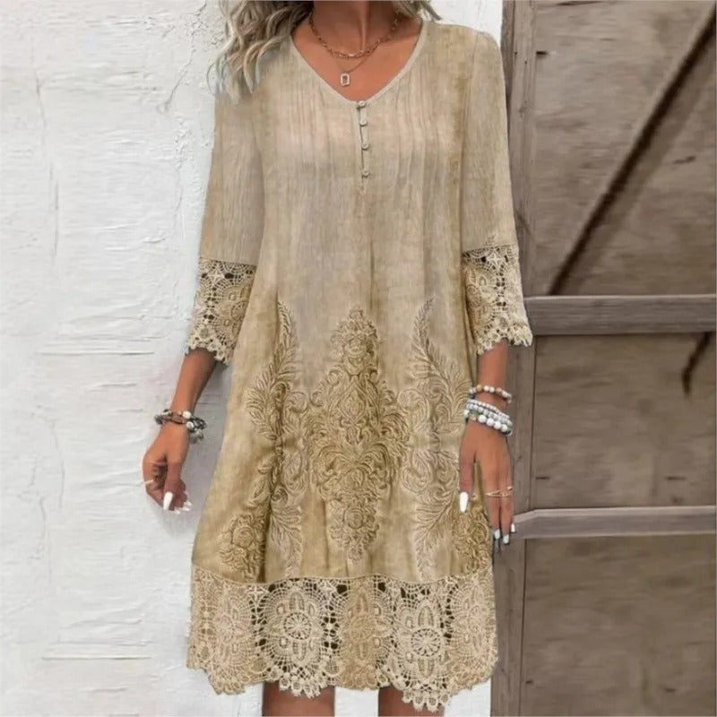 Women's Bohemian Floral -Trim V-Neck Tunic Dress