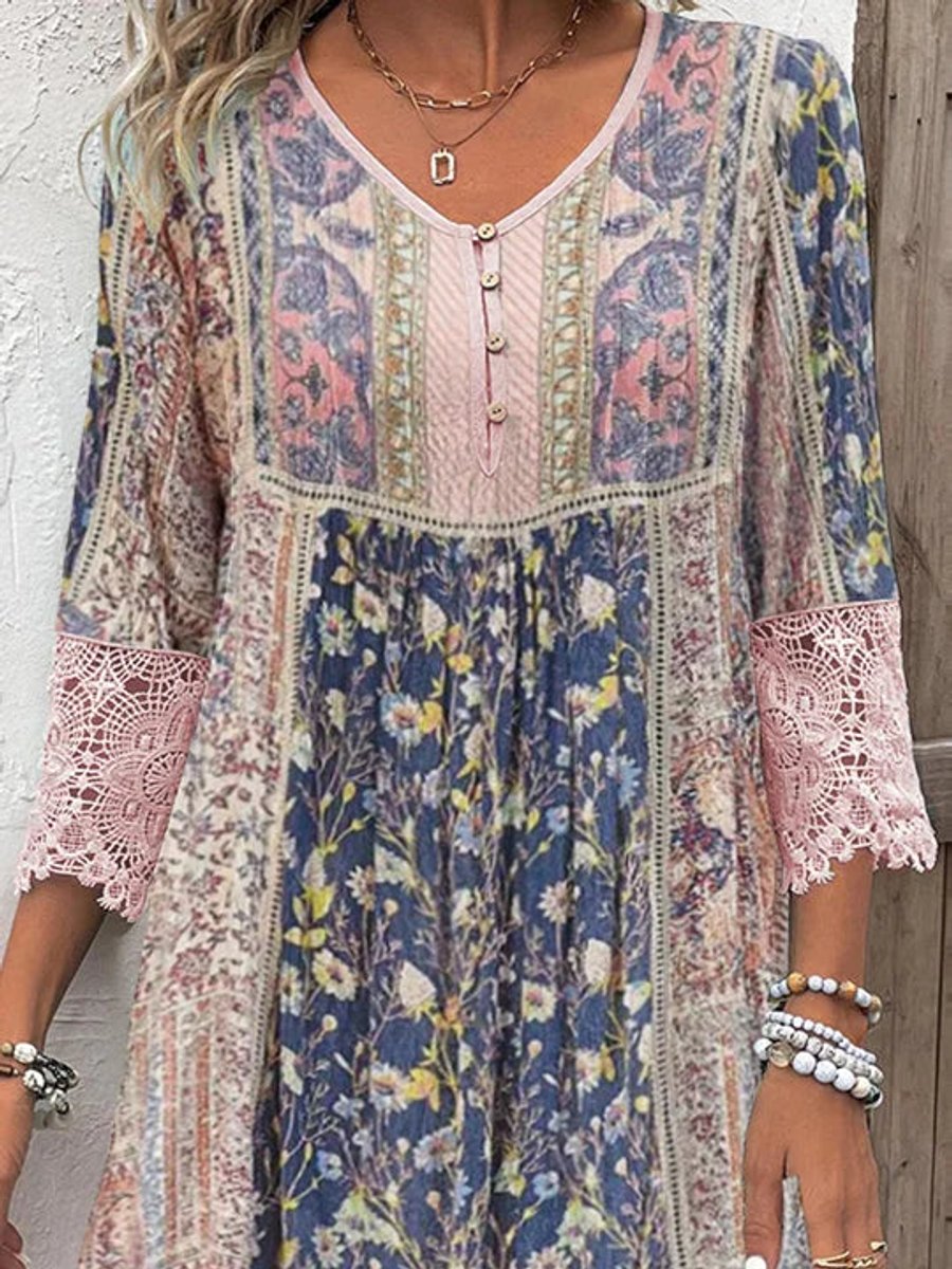 Women's Bohemian Floral -Trim V-Neck Tunic Dress