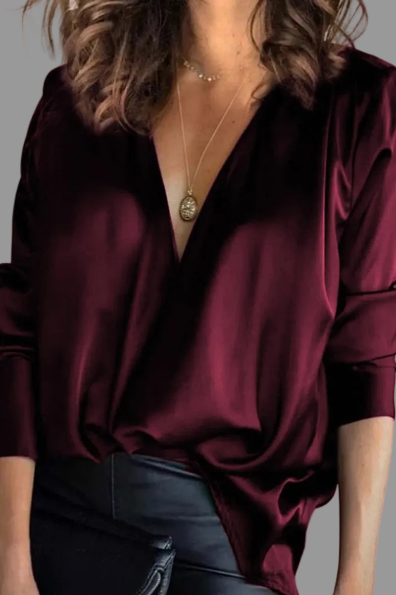 Women's Deep V-Neck Long-Sleeve Draped Blouse
