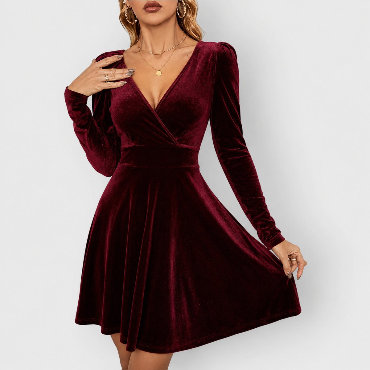 Women's Deep V-Neck Long Sleeve Formal Skater Dress
