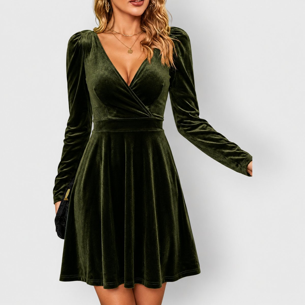 Women's Deep V-Neck Long Sleeve Formal Skater Dress
