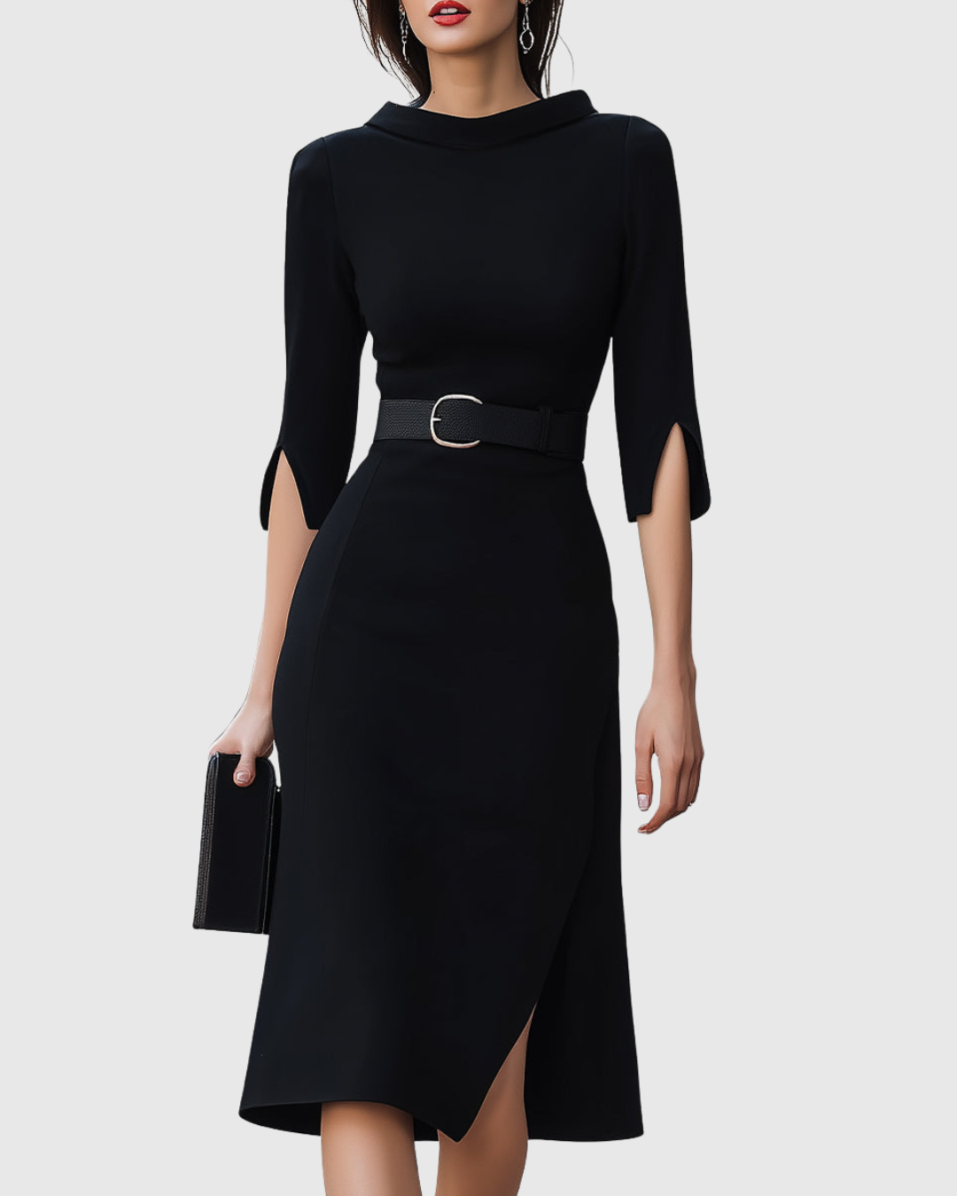 Women's Elegant Black Midi Dress with Tailored Waist