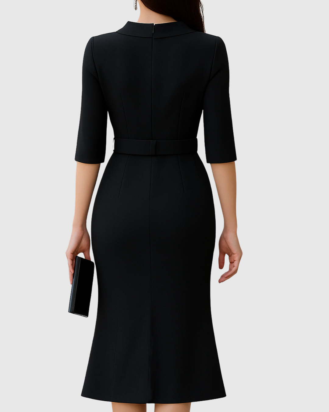 Women's Elegant Black Midi Dress with Tailored Waist