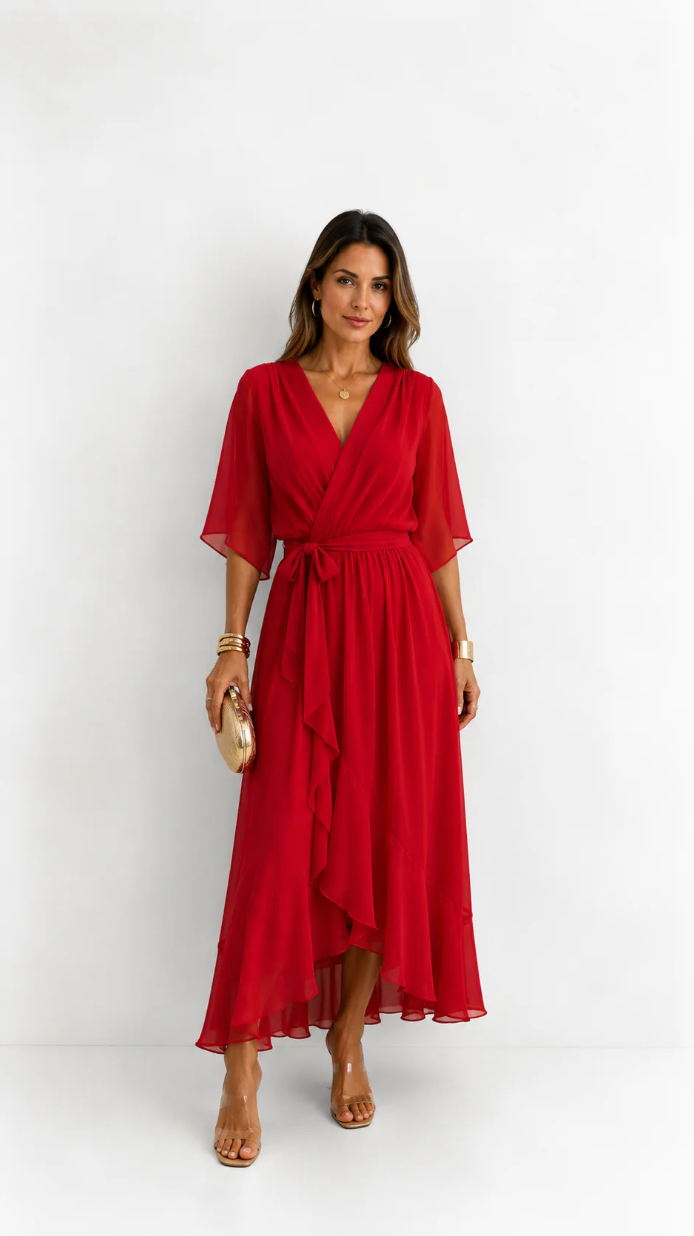 Women's Elegant Maxi Dress with Puff Sleeves and Adjustable Waist Belt