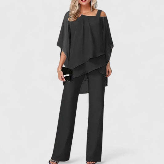 Women's Elegant Off-Shoulder Two-Piece Formal Set with Wide-Leg Pants