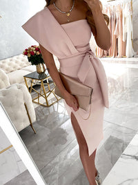 Women's Elegant One-Shoulder Wrap Dress with Tie Detail