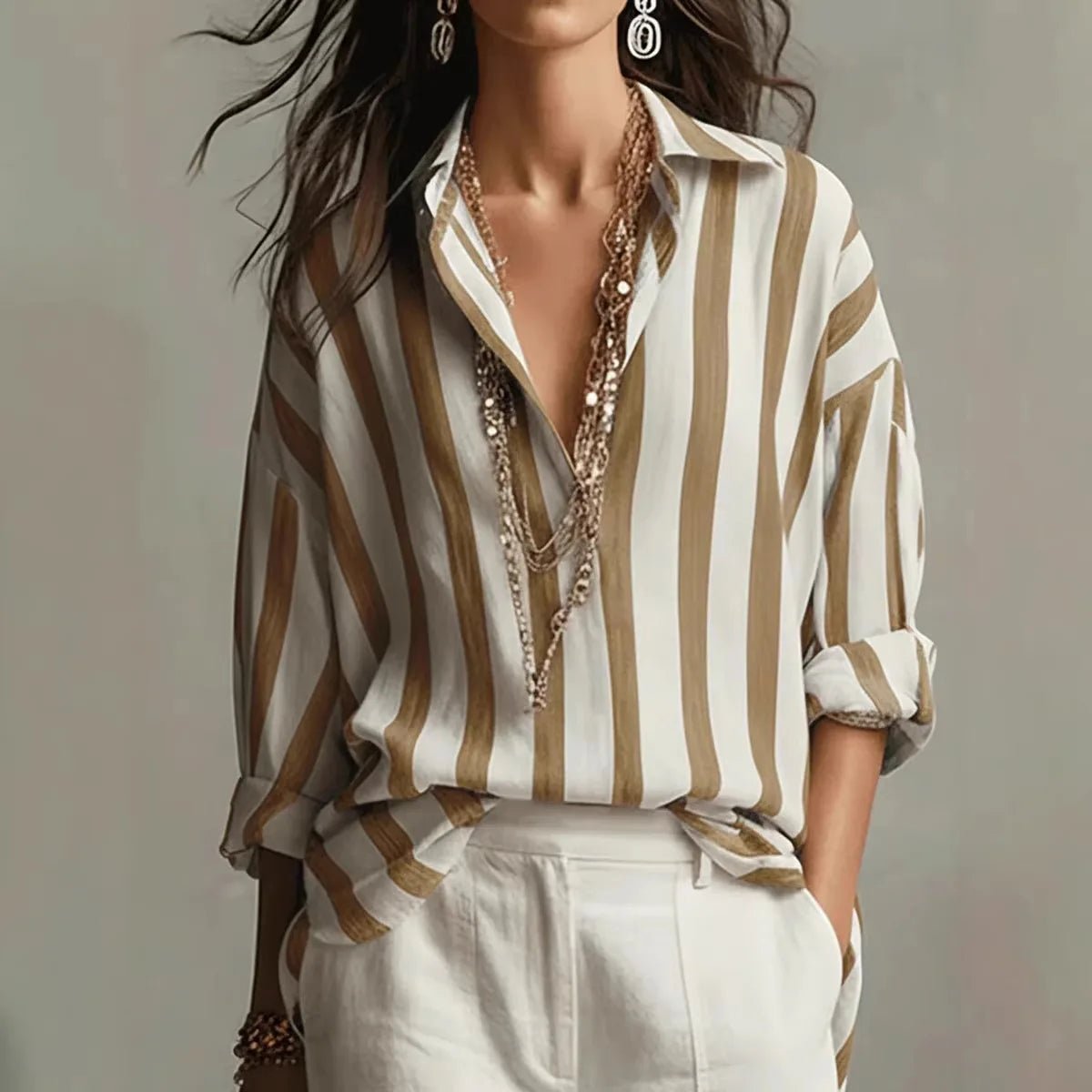 Women's Elegant Vertical Stripe Open Collar Blouse