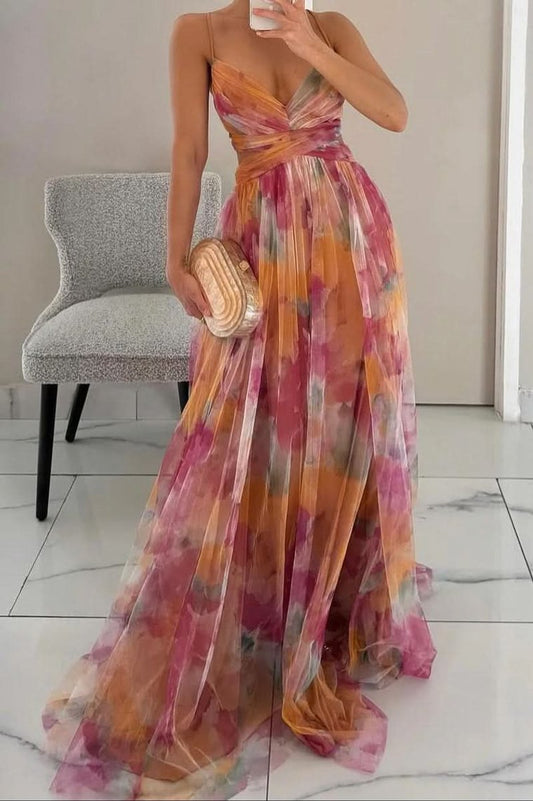 Women's Floral Sleeveless V-Neck A-Line Maxi Cocktail Gown