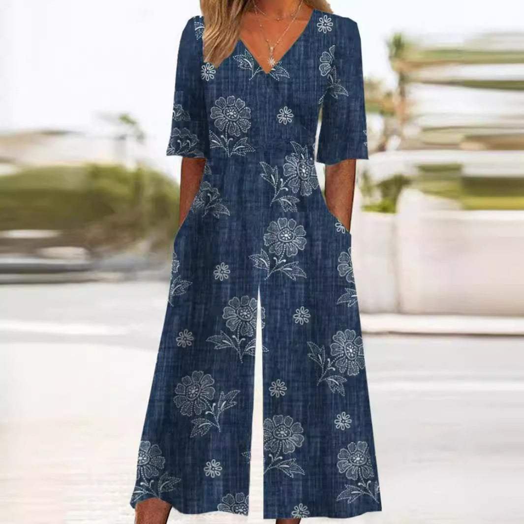 Women's Floral V-Neck Elbow Sleeve Wide-Leg Palazzo Jumpsuit