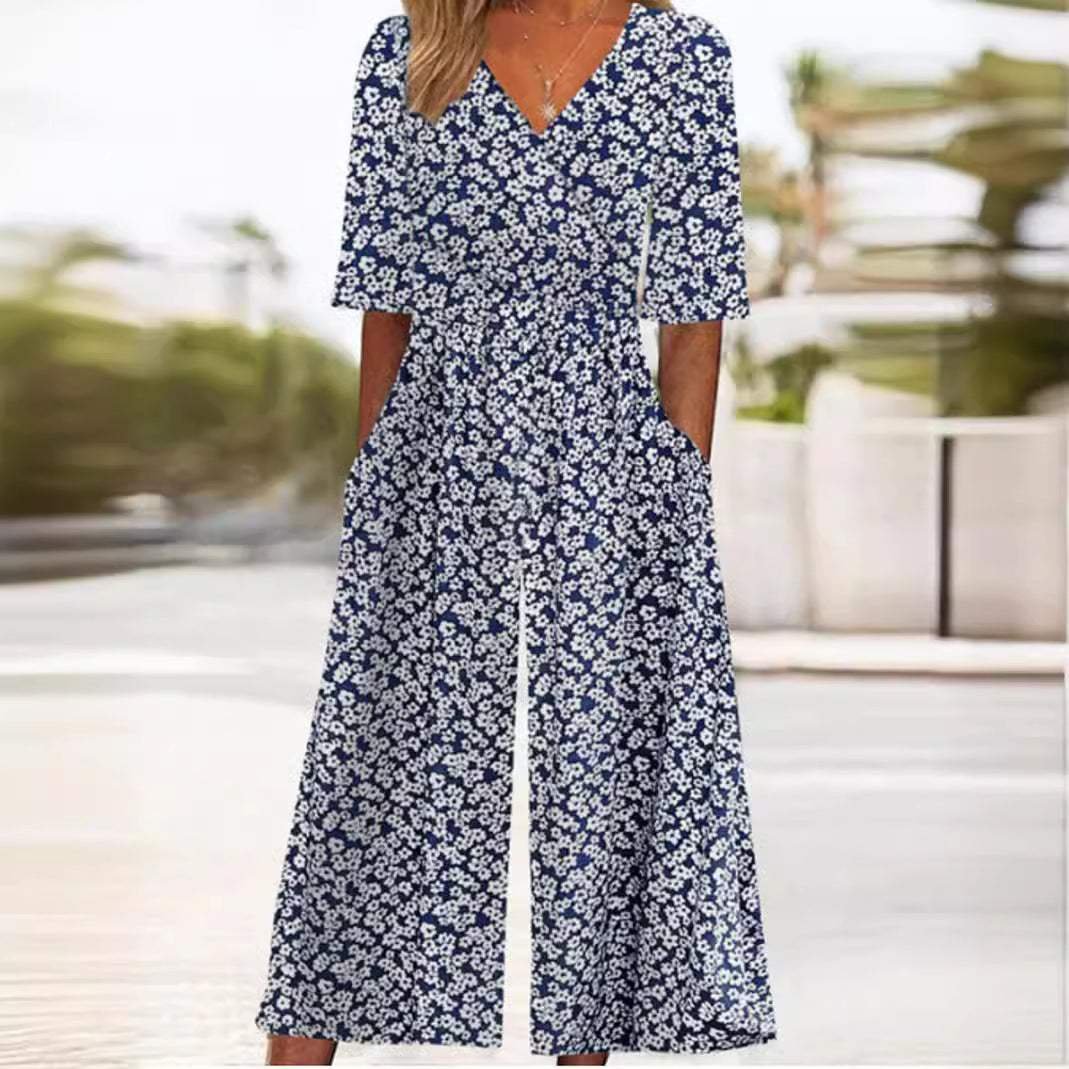 Women's Floral V-Neck Elbow Sleeve Wide-Leg Palazzo Jumpsuit