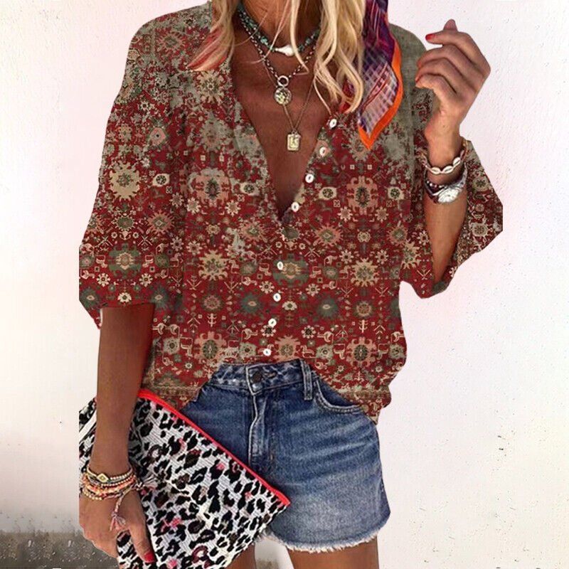 Women's Floral V-Neck Short-Sleeve Button-Front Blouse
