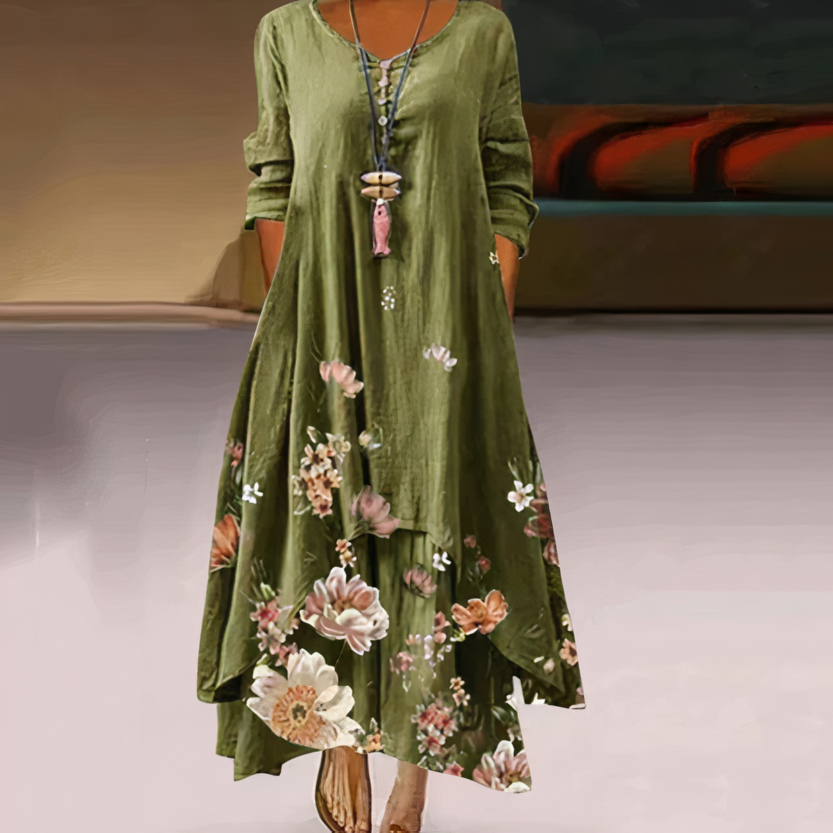 Women's Long-Sleeve Asymmetric Hem Midi Dress