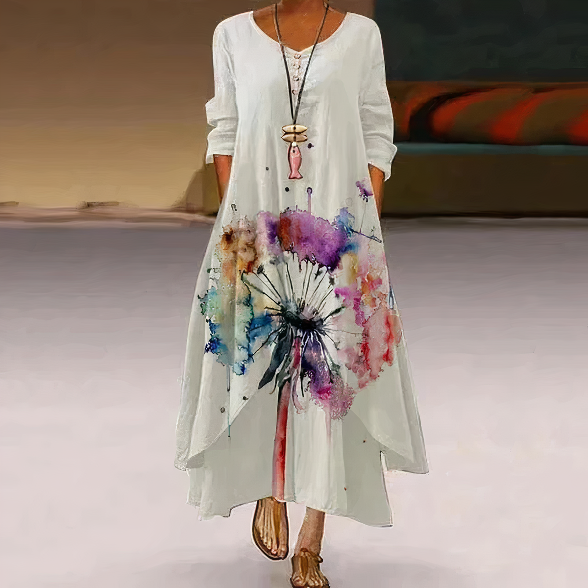 Women's Long-Sleeve Asymmetric Hem Midi Dress
