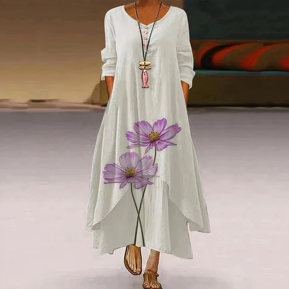 Women's Long-Sleeve Asymmetric Hem Midi Dress