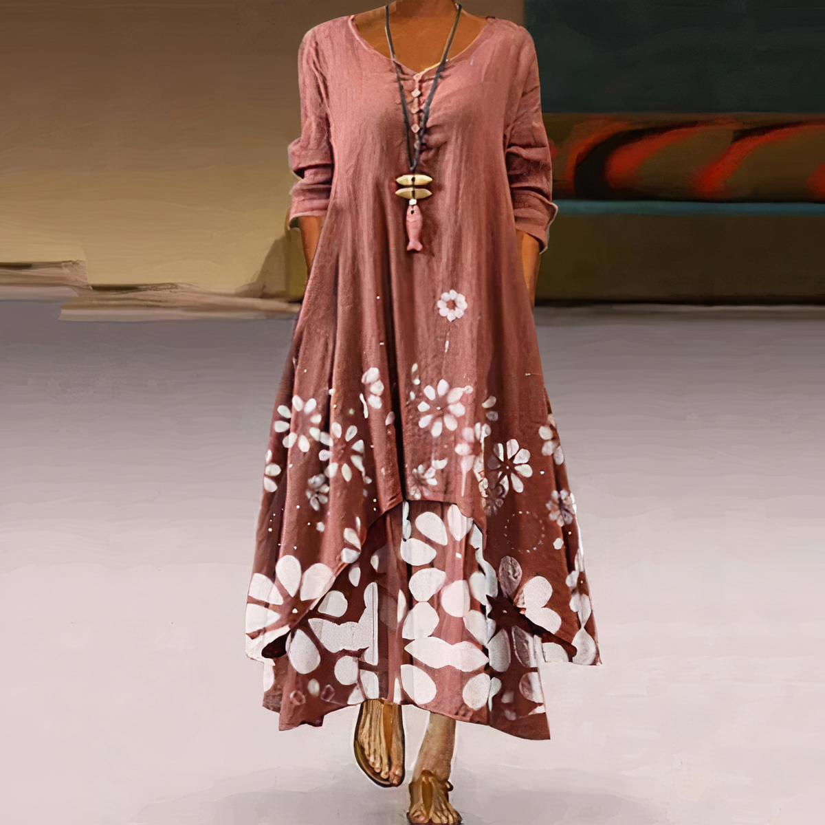 Women's Long-Sleeve Asymmetric Hem Midi Dress