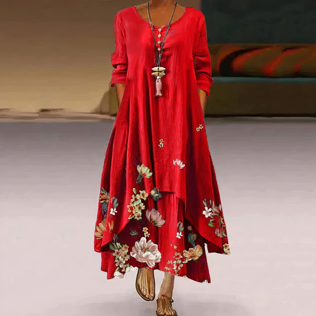 Women's Long-Sleeve Asymmetric Hem Midi Dress