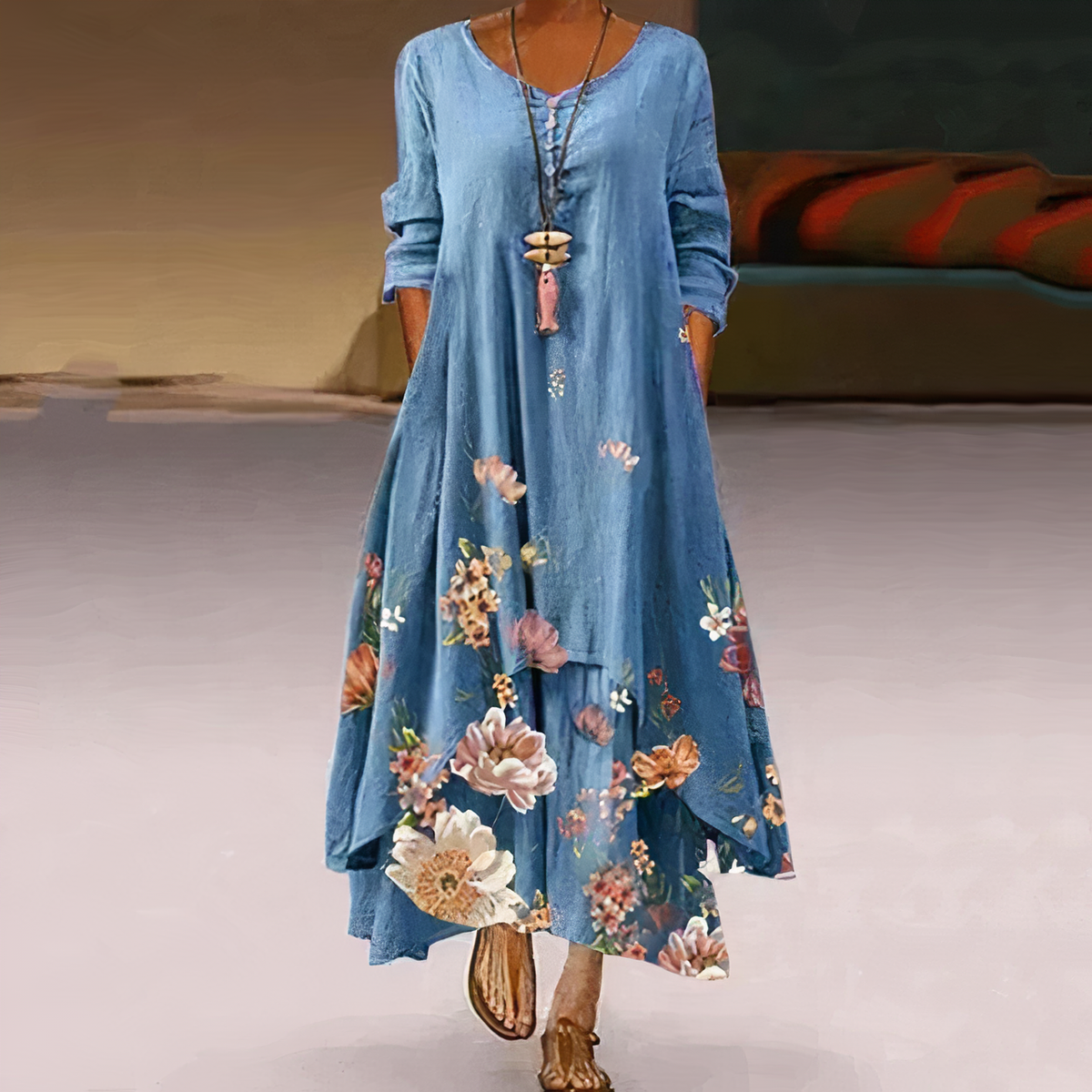 Women's Long-Sleeve Asymmetric Hem Midi Dress