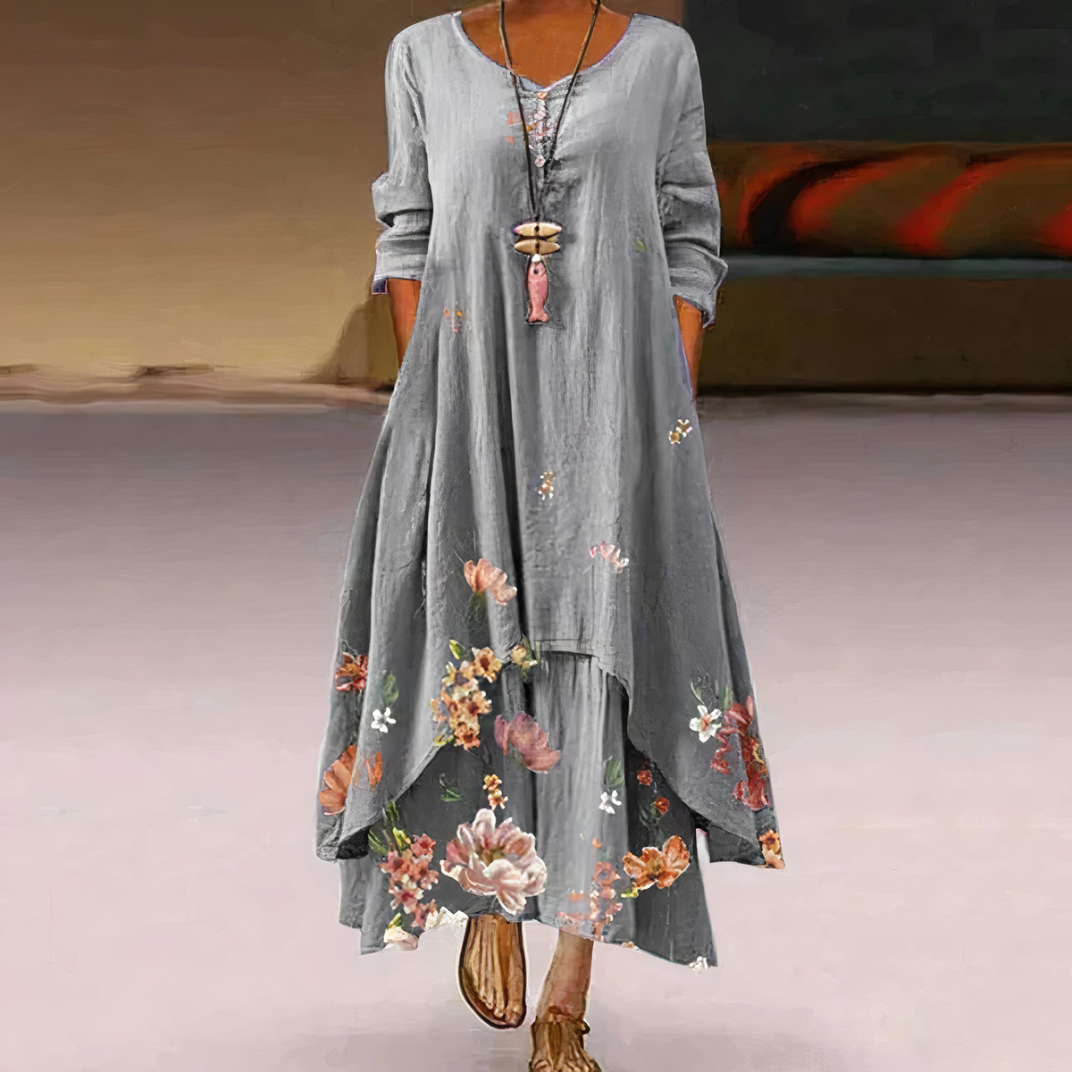 Women's Long-Sleeve Asymmetric Hem Midi Dress