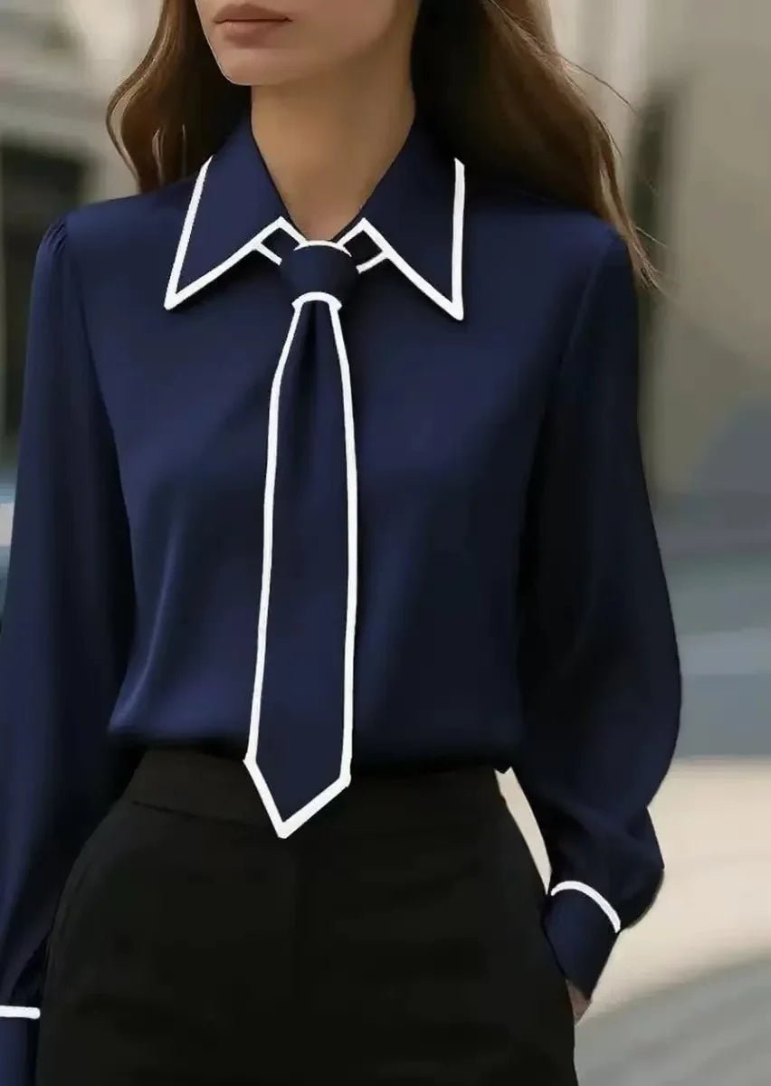 Women's Long Sleeve Contrast Trim Tie Neck Button-Down Blouse