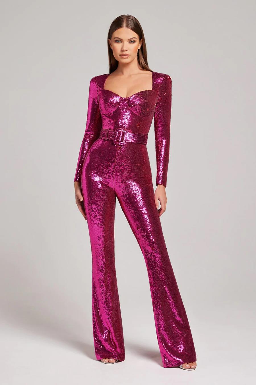 Women's Long-Sleeve Sequin Flare Jumpsuit