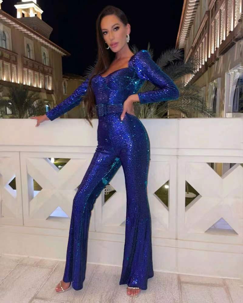 Women's Long-Sleeve Sequin Flare Jumpsuit