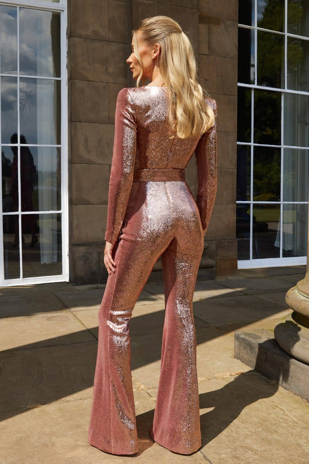 Women's Long-Sleeve Sequin Flare Jumpsuit