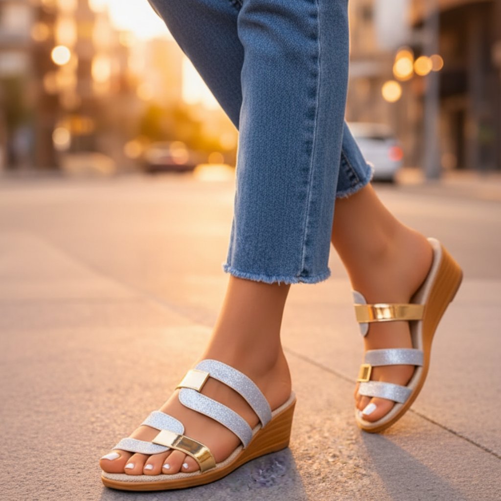 Women's Orthopedic Glitter Slip-On Sandals with Gold Accents