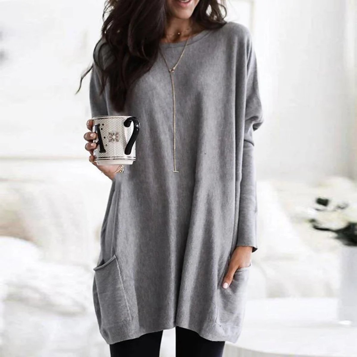 Women's Oversized Long-Sleeve Pocket Tunic Top
