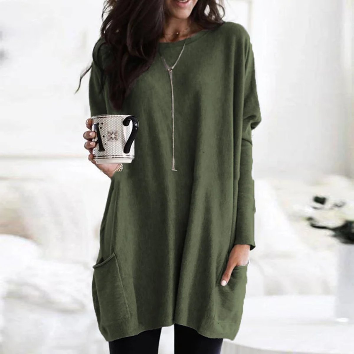 Women's Oversized Long-Sleeve Pocket Tunic Top