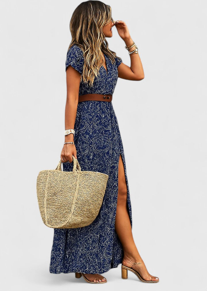 Women's Paisley Print V-Neck Short Sleeve Belted Boho Maxi Dress