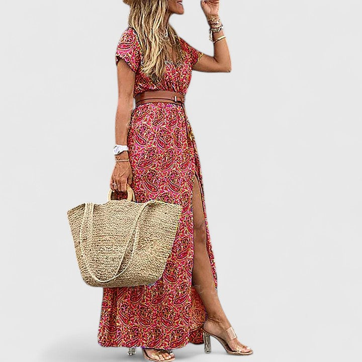 Women's Paisley Print V-Neck Short Sleeve Belted Boho Maxi Dress