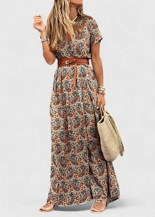 Women's Paisley Print V-Neck Short Sleeve Belted Boho Maxi Dress