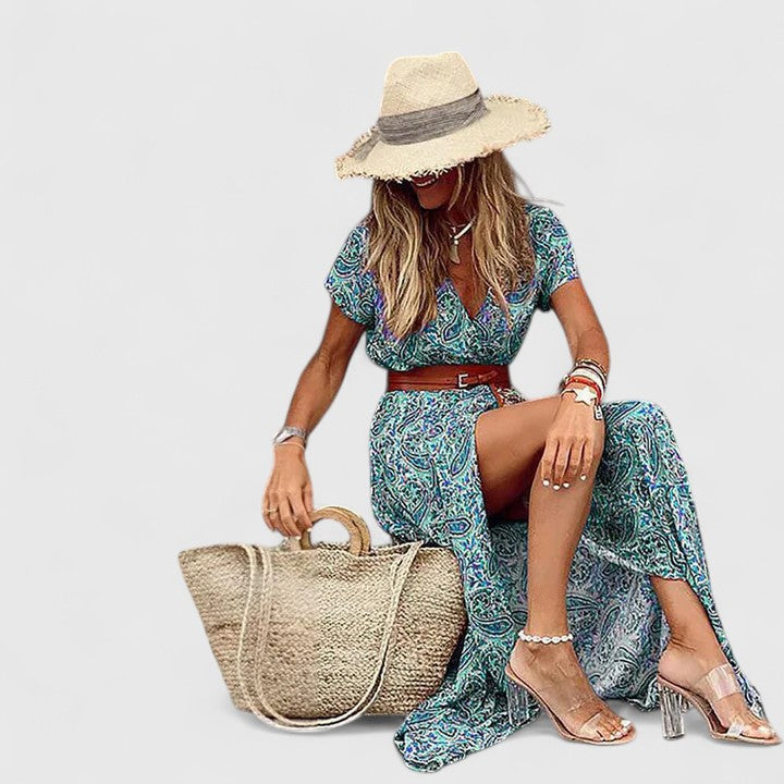 Women's Paisley Print V-Neck Short Sleeve Belted Boho Maxi Dress