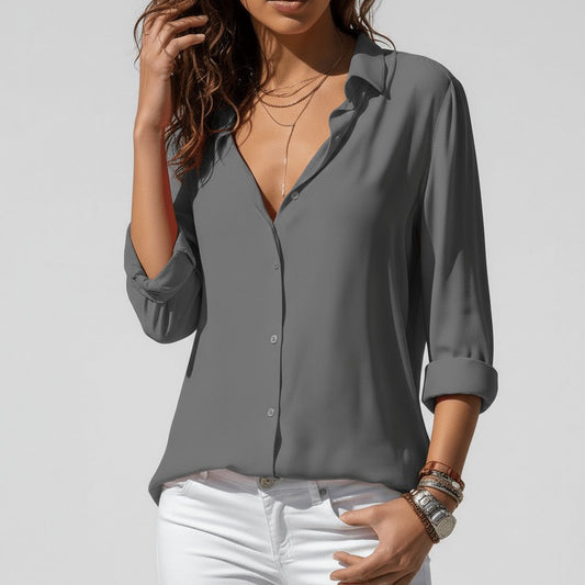 Women's Relaxed-Fit Long-Sleeve Button-Up Collared Blouse