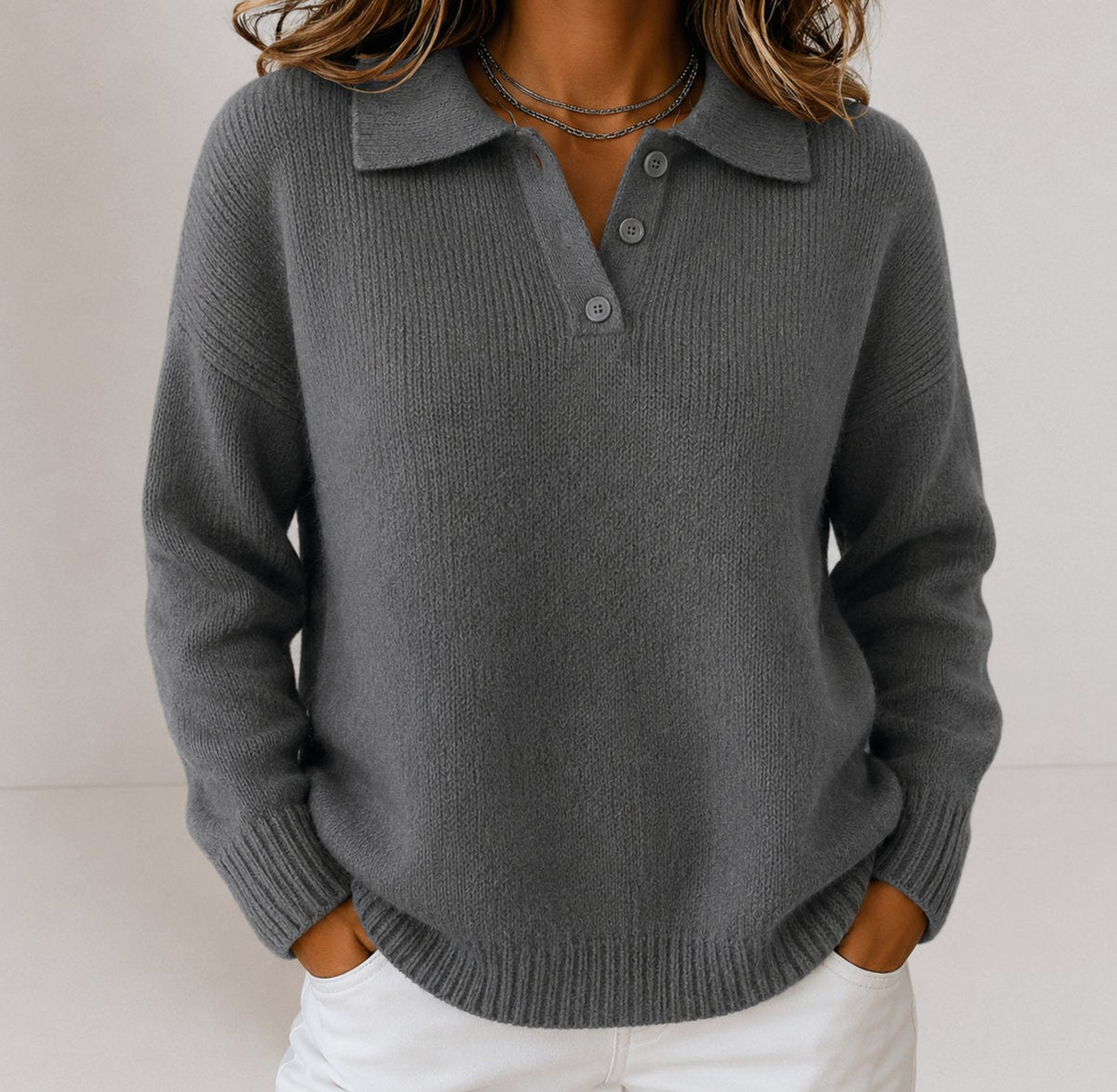 Women's Relaxed-Fit Polo Collar Button-Placket Sweater