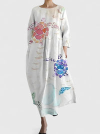 Women's Relaxed-Fit Sea Turtle Print Long-Sleeve Midi Dress