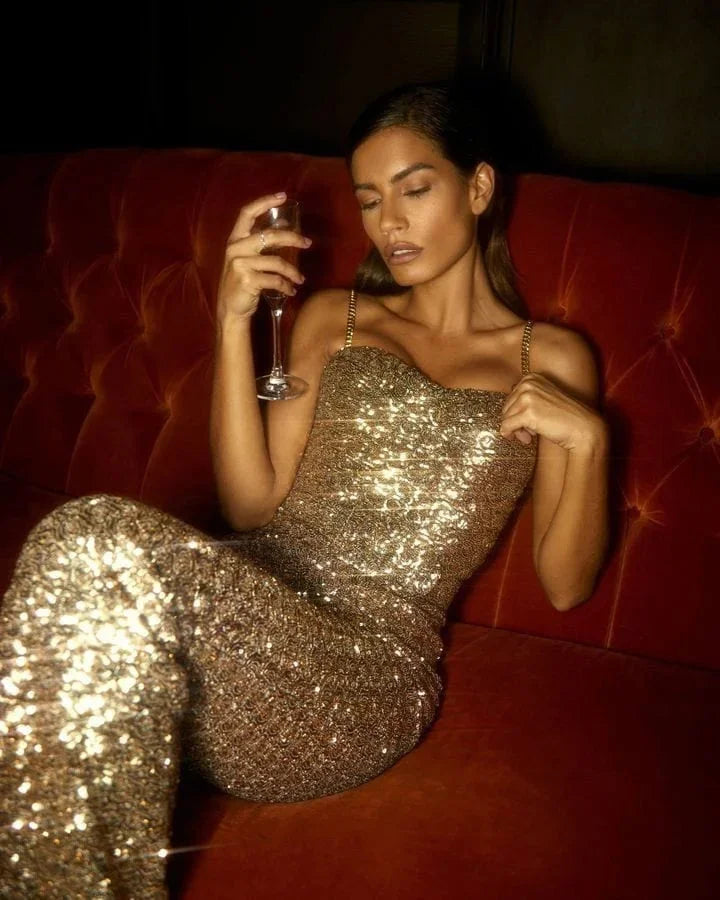 Women's Strapless Sequin Flare-Leg Jumpsuit