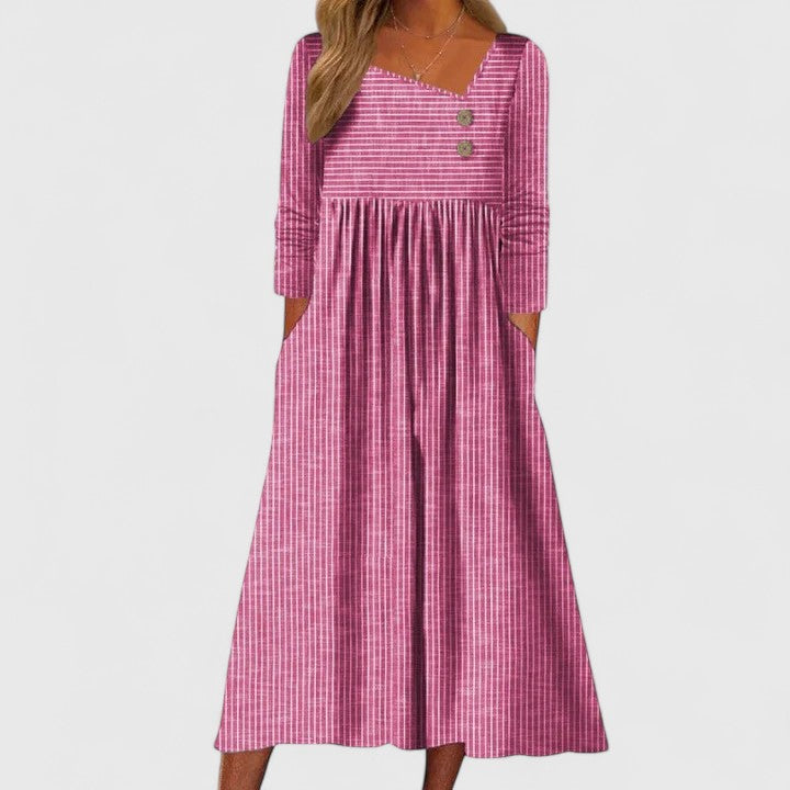 Women's Striped Long Sleeve Midi Dress with Pockets