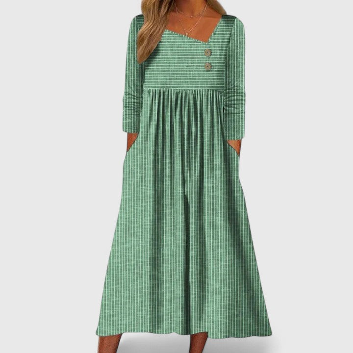 Women's Striped Long Sleeve Midi Dress with Pockets