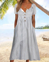 Women's Striped Short-Sleeve V-Neck A-Line Midi Dress